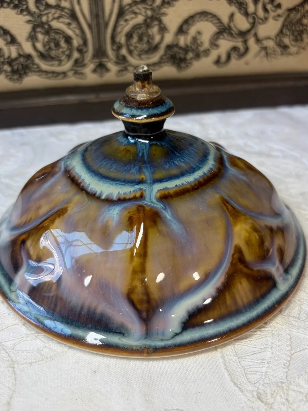 Blue & brown ceramic pottery oil lantern candle light